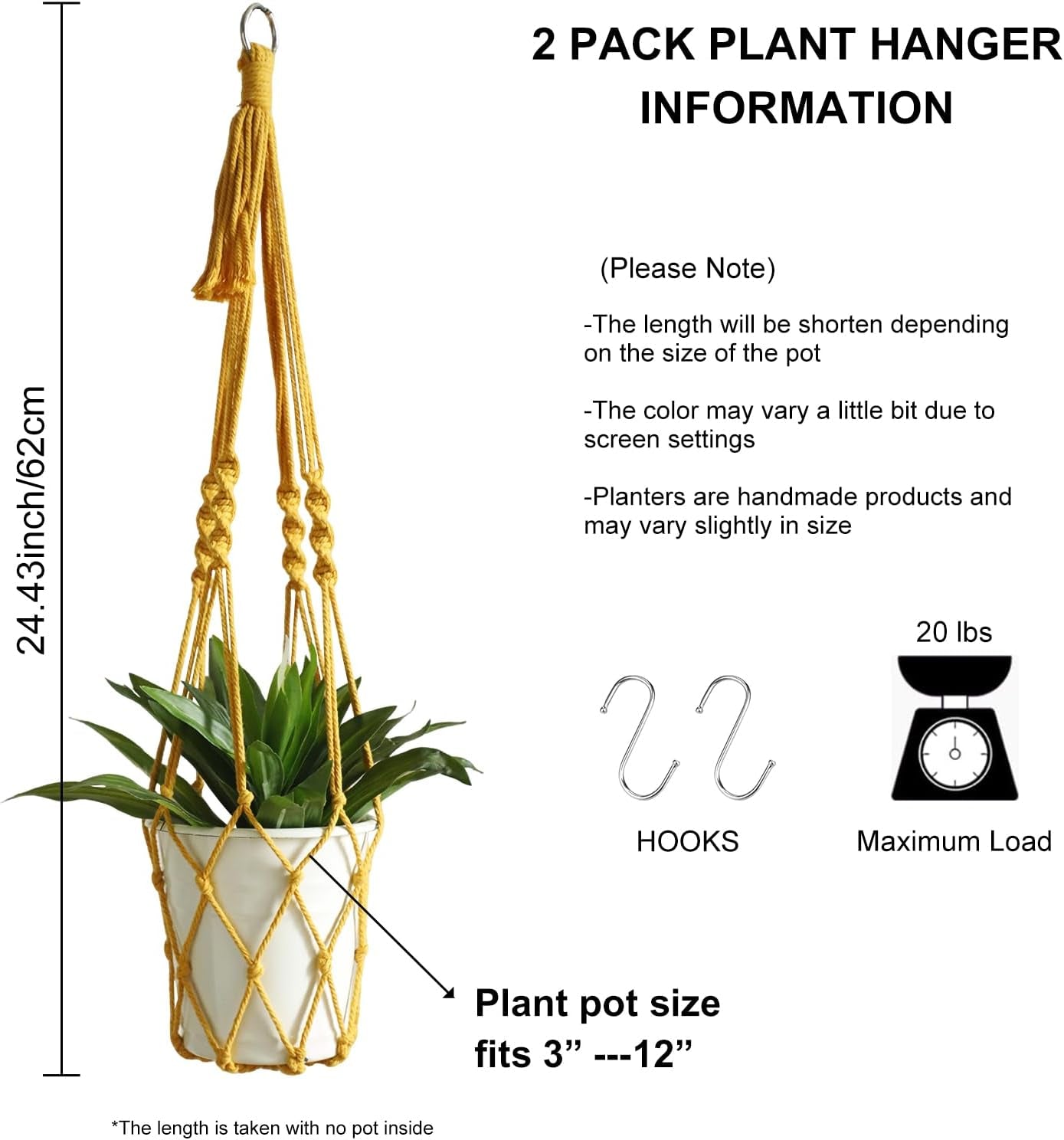 Macrame Plant Hanger Boho Hanging Planter for Indoor Plants Holder | Large Hanging Baskets for Plants Outdoor, No Tassels, Farmhouse Rustic Living Room Balcony Window Wall Decor, 2 Pack