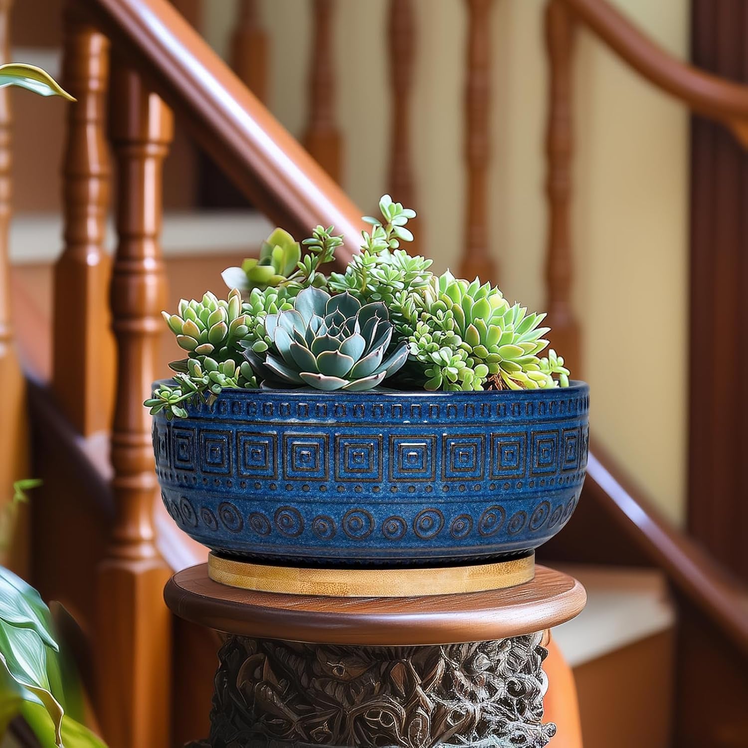 Bonsai Pots 8 Inch - Ceramic Succulent Pots, round Planter for Indoor Plants, Modern Outdoor Planter with Drainage and Plant Saucer, Boho Home Decor, House Warming Gifts New Home, Blue