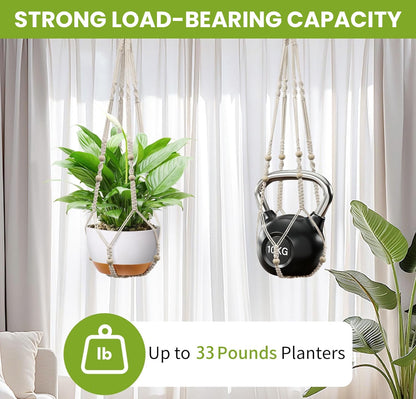 3-Pack 8-Inch Self-Watering Hanging Planters with Macrame Hanger Indoor Plastic Plant Pots with Drainage Hole&Saucers Flower Baskets for Outdoor Garden Home Ceiling Decor(White)