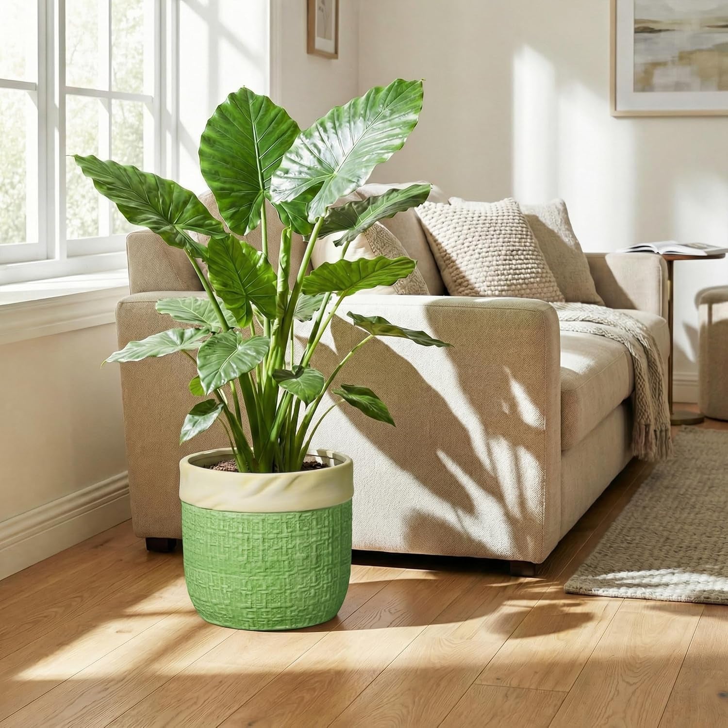 Ceramic Pots for Plants - 9.8 Inch Planter for Indoor Outdoor Plants, Ceramic Planter with Drainage Hole and Plug, Boho Decorative Flower Pot, Home Patio Decor, Plant Lover Gifts, Green