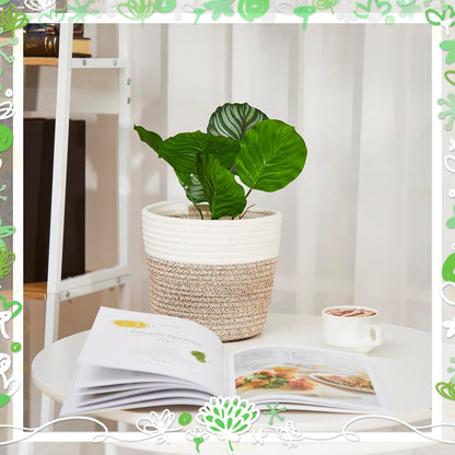 3 Pack Cotton Rope Plant Baskets with Plastic Liner, 7.5 X 6.5 Inch Woven Indoor Planter Basket for 6 Inch Pots, Rustic Boho Plant Pot Covers for Home Shelf Table Decor(White, Beige)