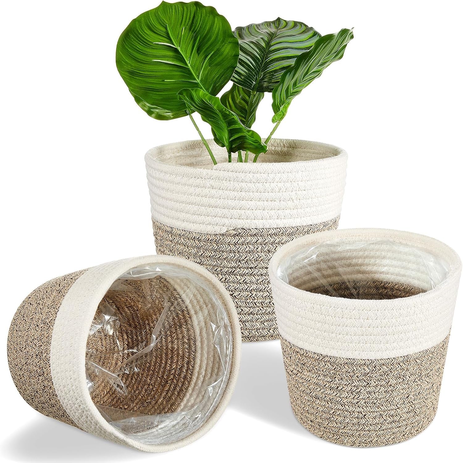 3 Pack Cotton Rope Plant Baskets with Plastic Liner, 7.5 X 6.5 Inch Woven Indoor Planter Basket for 6 Inch Pots, Rustic Boho Plant Pot Covers for Home Shelf Table Decor(White, Beige)
