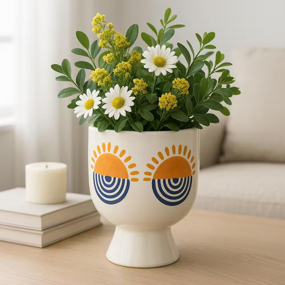 White Stone Sunrise Eyes Flower Planter (6 In. W X 7 In. H)