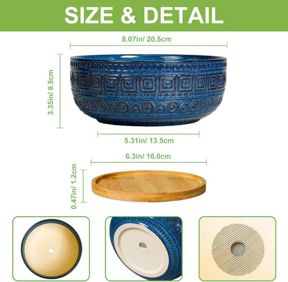 Bonsai Pots 8 Inch - Ceramic Succulent Pots, round Planter for Indoor Plants, Modern Outdoor Planter with Drainage and Plant Saucer, Boho Home Decor, House Warming Gifts New Home, Blue