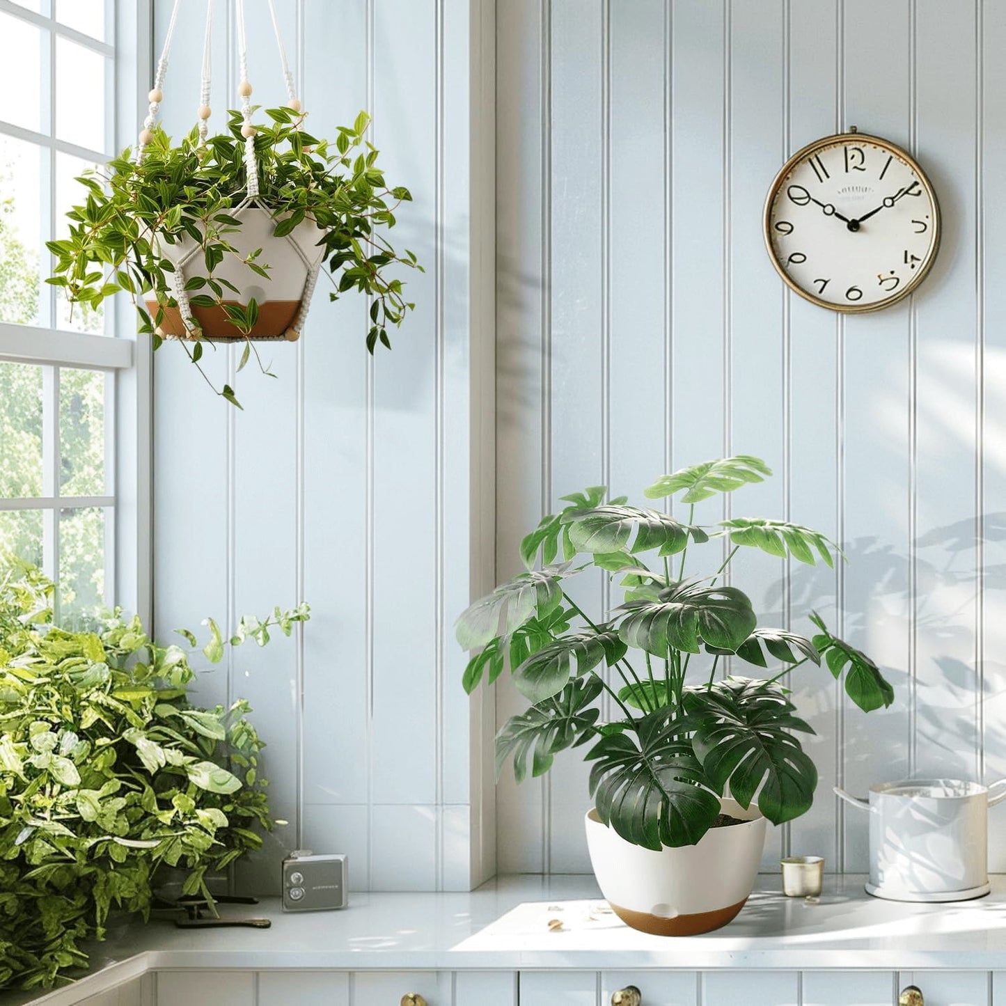 3-Pack 8-Inch Self-Watering Hanging Planters with Macrame Hanger Indoor Plastic Plant Pots with Drainage Hole&Saucers Flower Baskets for Outdoor Garden Home Ceiling Decor(White)