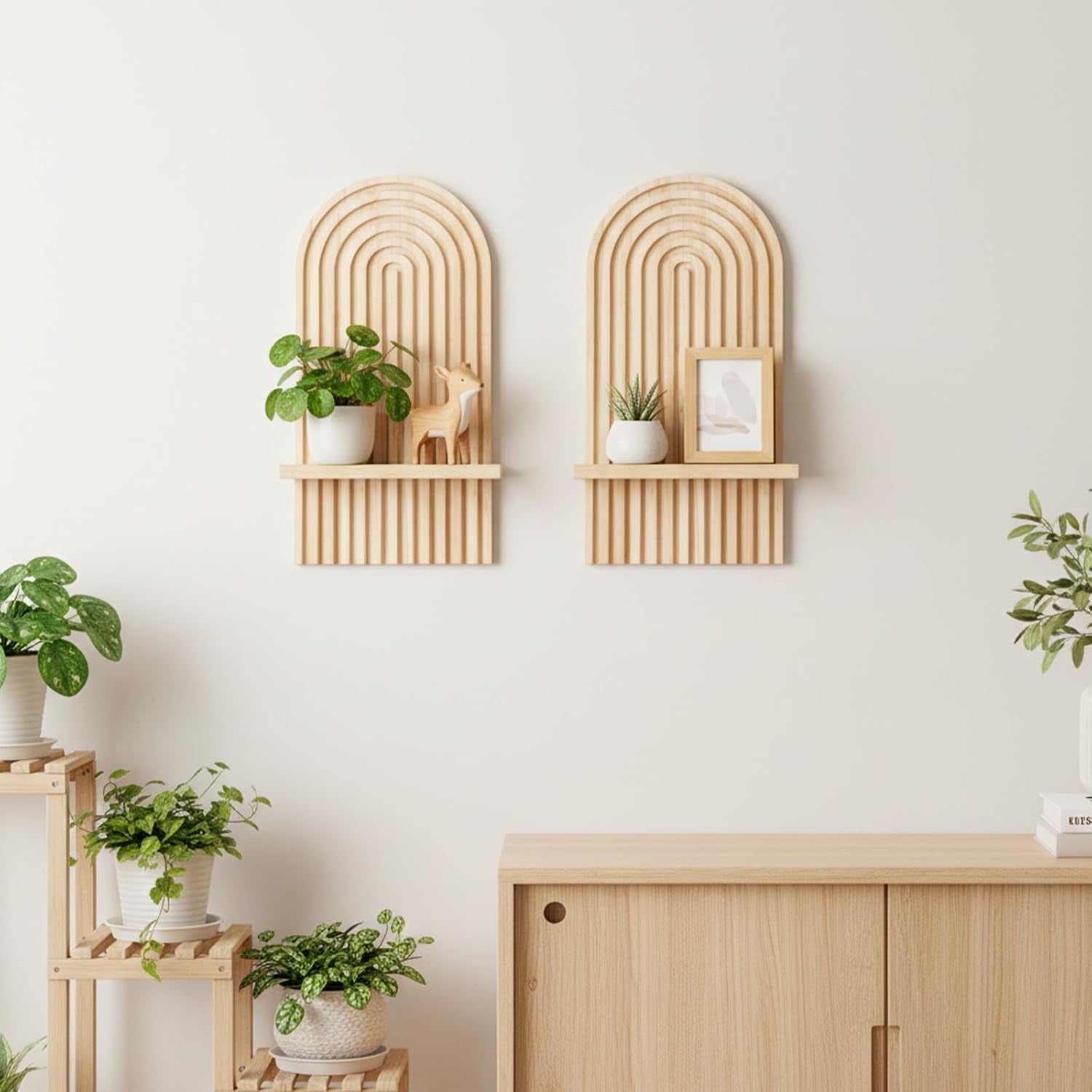2Pcs Boho Wall Decor Natural Midcentury Modern Wall Candle Holder | Wood Plant Shelf for Living Room Bedroom, Minimalist Bohemian Home Decor