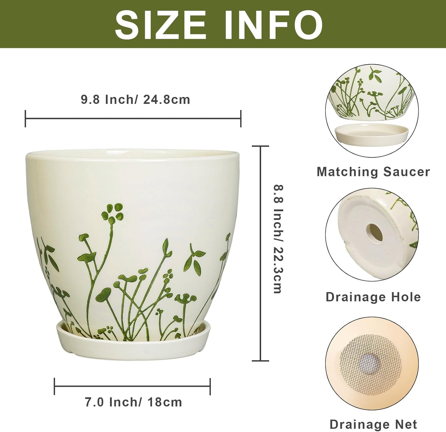 Ceramic Pot for Plants 10 Inch - Indoor Planter for Plants with Drainage Hole and Saucer, Decorative Boho round Planter, Gardening Gifts for Women Men, Office Home Garden Decor, White
