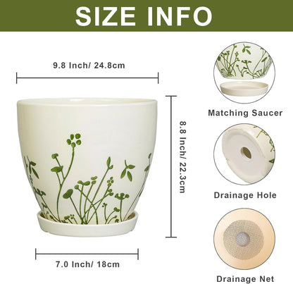 Ceramic Pot for Plants 10 Inch - Indoor Planter for Plants with Drainage Hole and Saucer, Decorative Boho round Planter, Gardening Gifts for Women Men, Office Home Garden Decor, White