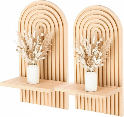 2Pcs Boho Wall Decor Natural Midcentury Modern Wall Candle Holder | Wood Plant Shelf for Living Room Bedroom, Minimalist Bohemian Home Decor