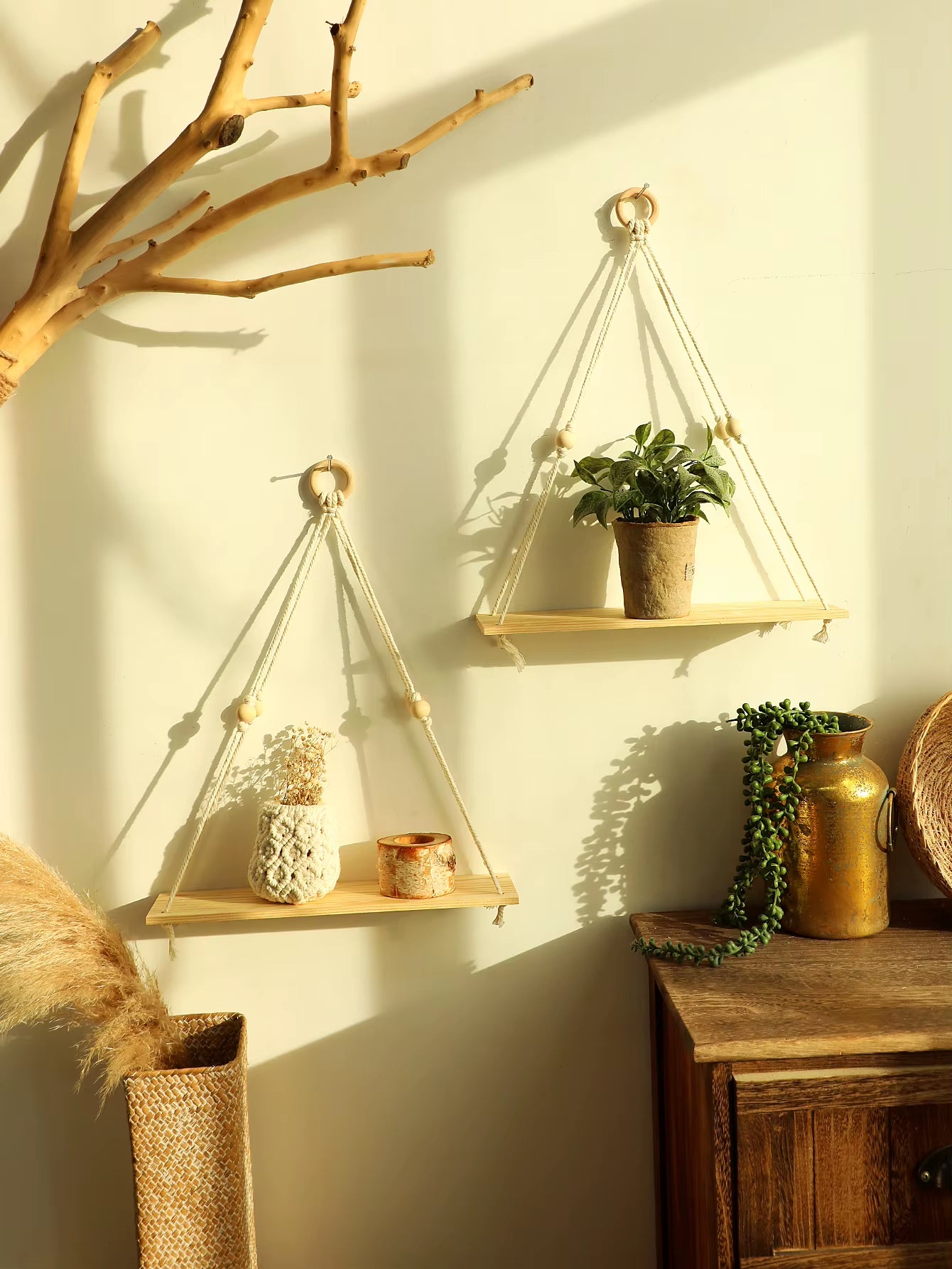 Wood Wall Shelf Macrame Floating Wall Shelf Hanging Shelves Plant Corner Holder Display Stand Room Decor Boho Home Decoration