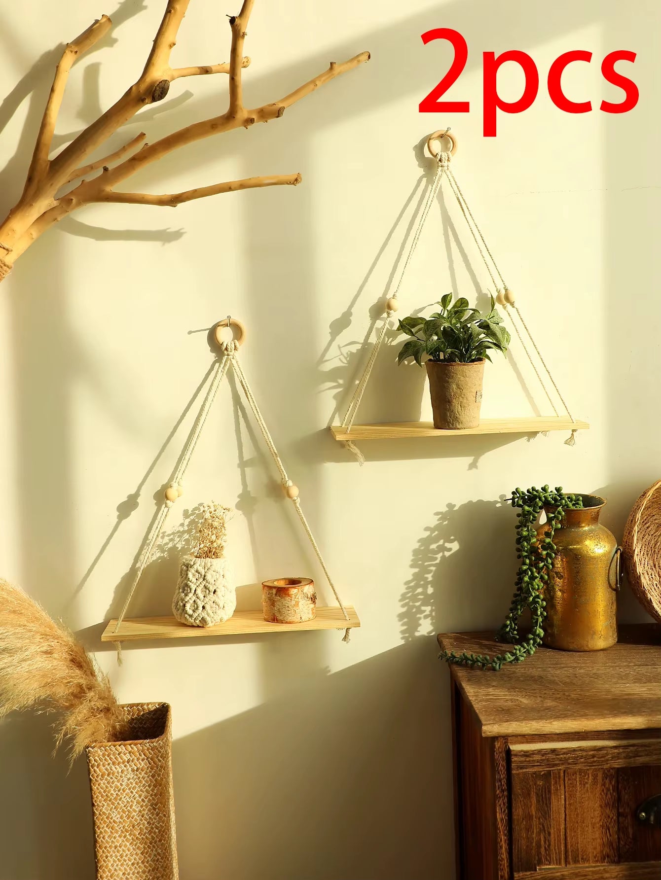 Wood Wall Shelf Macrame Floating Wall Shelf Hanging Shelves Plant Corner Holder Display Stand Room Decor Boho Home Decoration