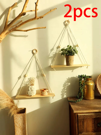 Wood Wall Shelf Macrame Floating Wall Shelf Hanging Shelves Plant Corner Holder Display Stand Room Decor Boho Home Decoration