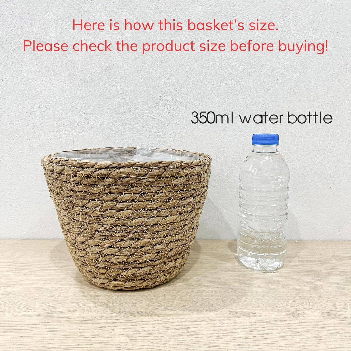 Small Basket Planter 7.1" X 5.9" Seagrass Containers, Hand Woven Wicker Cover Storage, Stylish Plastic Liners Straw Flower Jute Pots for Outdoor Indoor Use Mums Front Porch Room Decoration