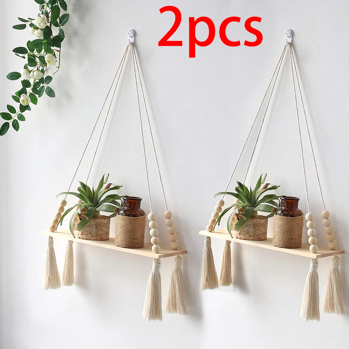 Wood Wall Shelf Macrame Floating Wall Shelf Hanging Shelves Plant Corner Holder Display Stand Room Decor Boho Home Decoration