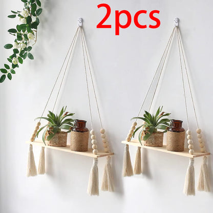 Wood Wall Shelf Macrame Floating Wall Shelf Hanging Shelves Plant Corner Holder Display Stand Room Decor Boho Home Decoration