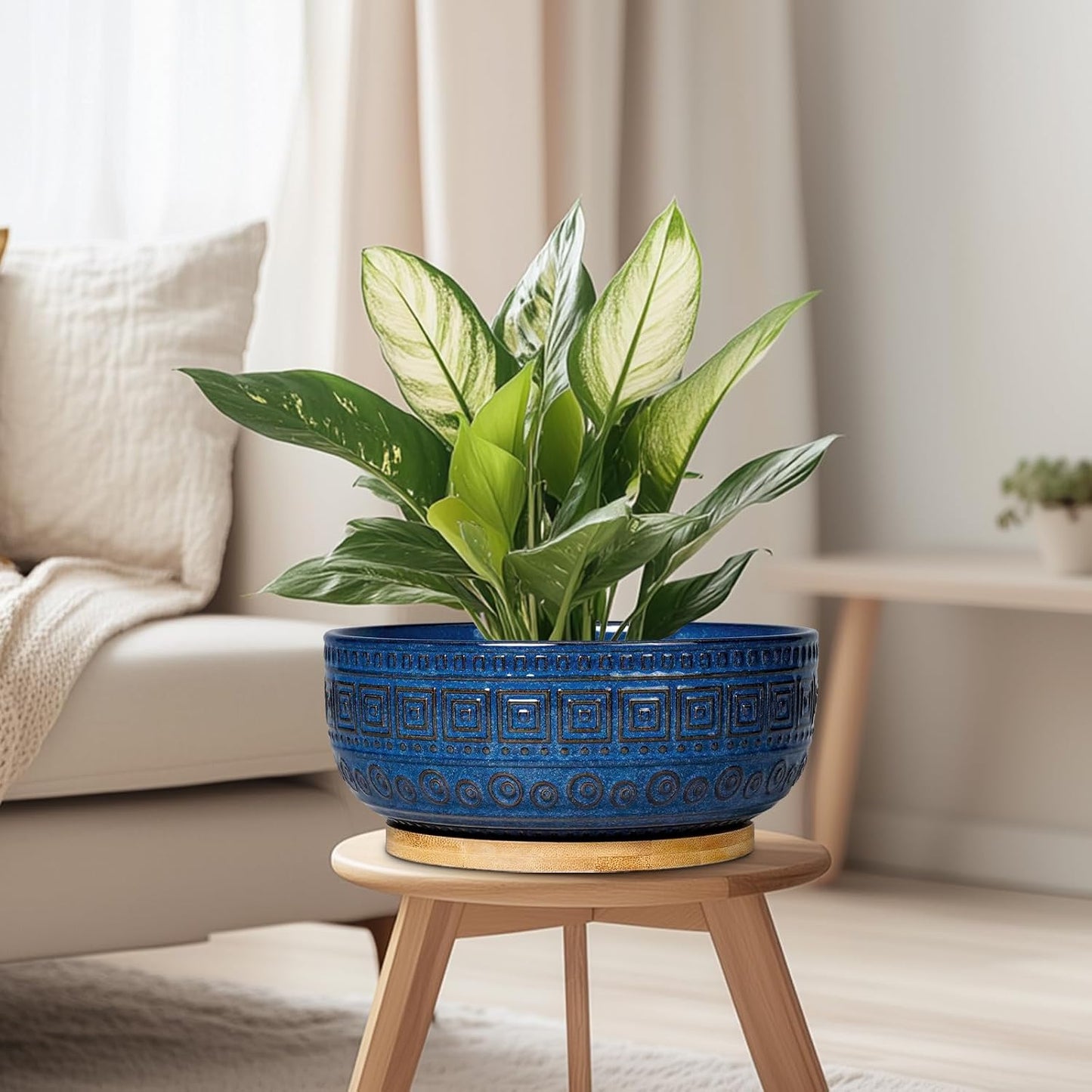 Bonsai Pots 8 Inch - Ceramic Succulent Pots, round Planter for Indoor Plants, Modern Outdoor Planter with Drainage and Plant Saucer, Boho Home Decor, House Warming Gifts New Home, Blue