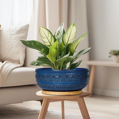 Bonsai Pots 8 Inch - Ceramic Succulent Pots, round Planter for Indoor Plants, Modern Outdoor Planter with Drainage and Plant Saucer, Boho Home Decor, House Warming Gifts New Home, Blue