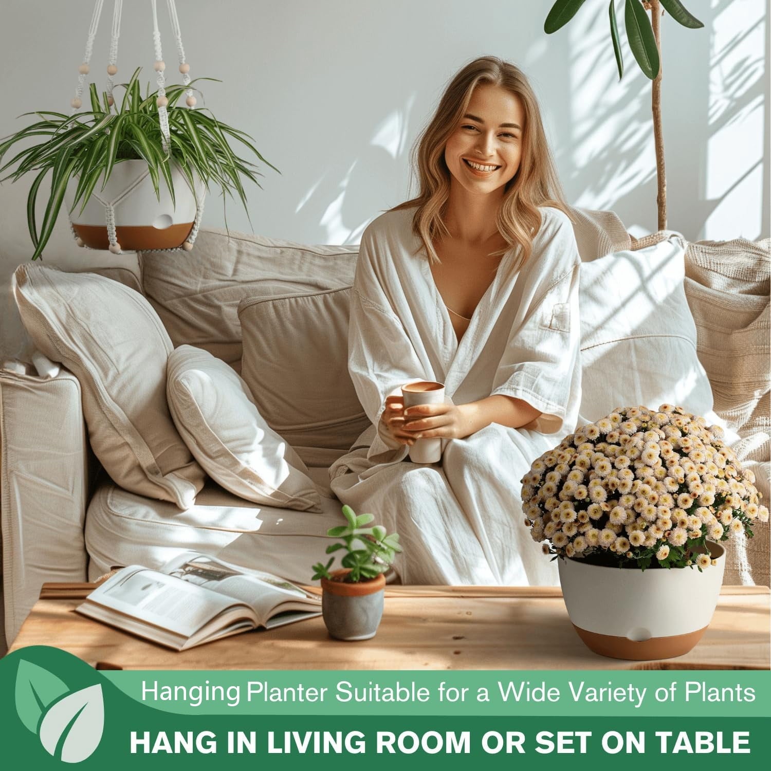 3-Pack 8-Inch Self-Watering Hanging Planters with Macrame Hanger Indoor Plastic Plant Pots with Drainage Hole&Saucers Flower Baskets for Outdoor Garden Home Ceiling Decor(White)