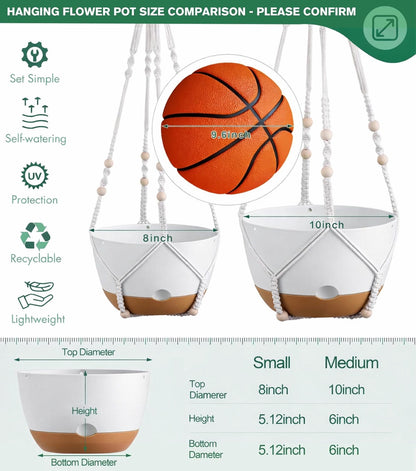 3-Pack 8-Inch Self-Watering Hanging Planters with Macrame Hanger Indoor Plastic Plant Pots with Drainage Hole&Saucers Flower Baskets for Outdoor Garden Home Ceiling Decor(White)