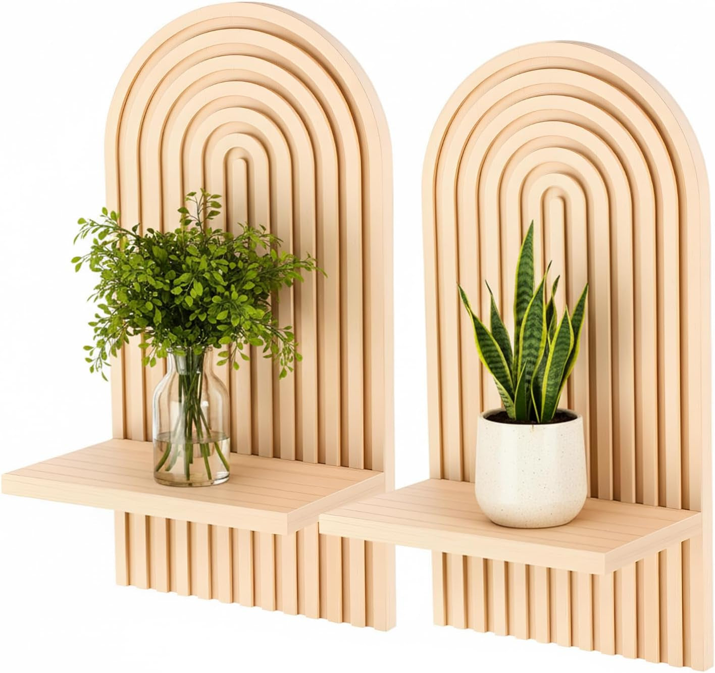 2Pcs Boho Wall Decor Natural Midcentury Modern Wall Candle Holder | Wood Plant Shelf for Living Room Bedroom, Minimalist Bohemian Home Decor