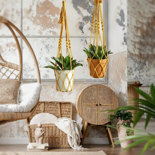 Macrame Plant Hanger Boho Hanging Planter for Indoor Plants Holder | Large Hanging Baskets for Plants Outdoor, No Tassels, Farmhouse Rustic Living Room Balcony Window Wall Decor, 2 Pack