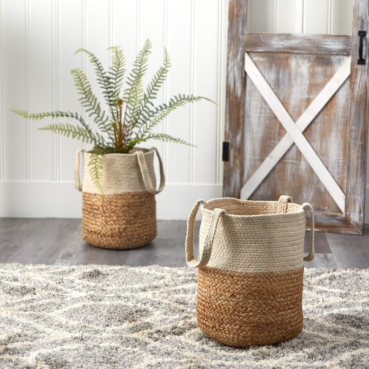 12.5In. Handmade Natural Jute and Cotton Basket Planter