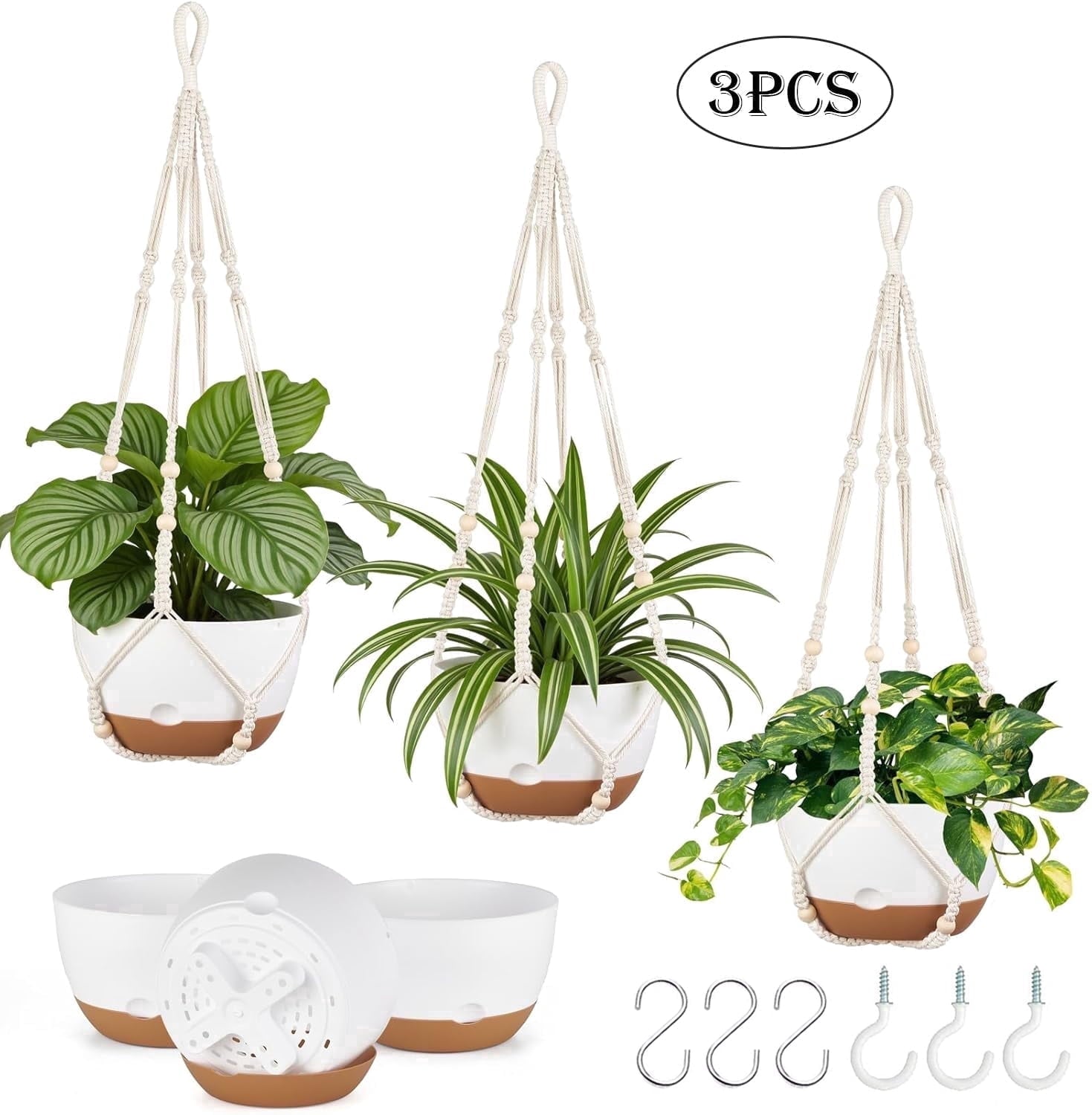 3-Pack 8-Inch Self-Watering Hanging Planters with Macrame Hanger Indoor Plastic Plant Pots with Drainage Hole&Saucers Flower Baskets for Outdoor Garden Home Ceiling Decor(White)