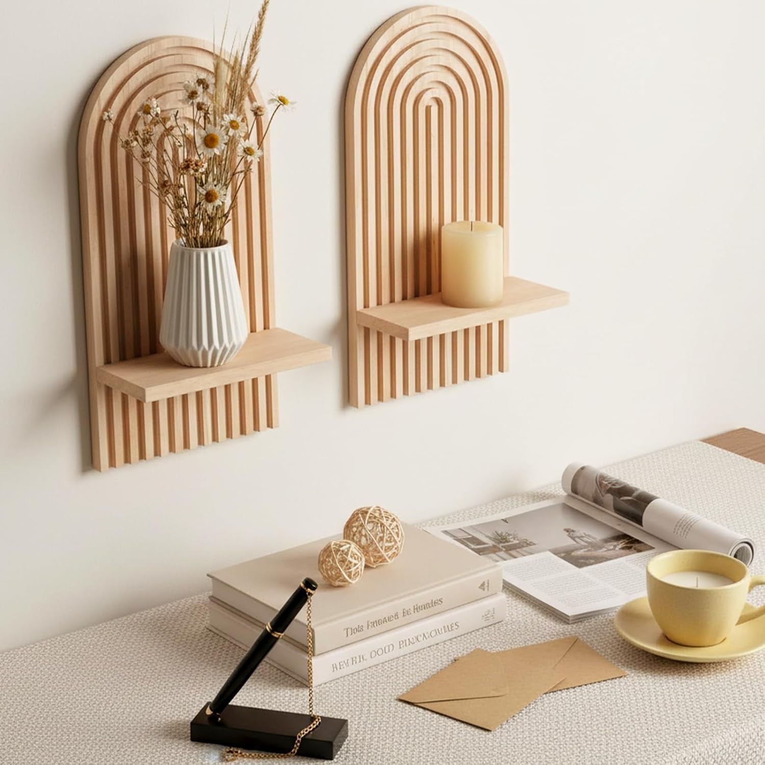 2Pcs Boho Wall Decor Natural Midcentury Modern Wall Candle Holder | Wood Plant Shelf for Living Room Bedroom, Minimalist Bohemian Home Decor