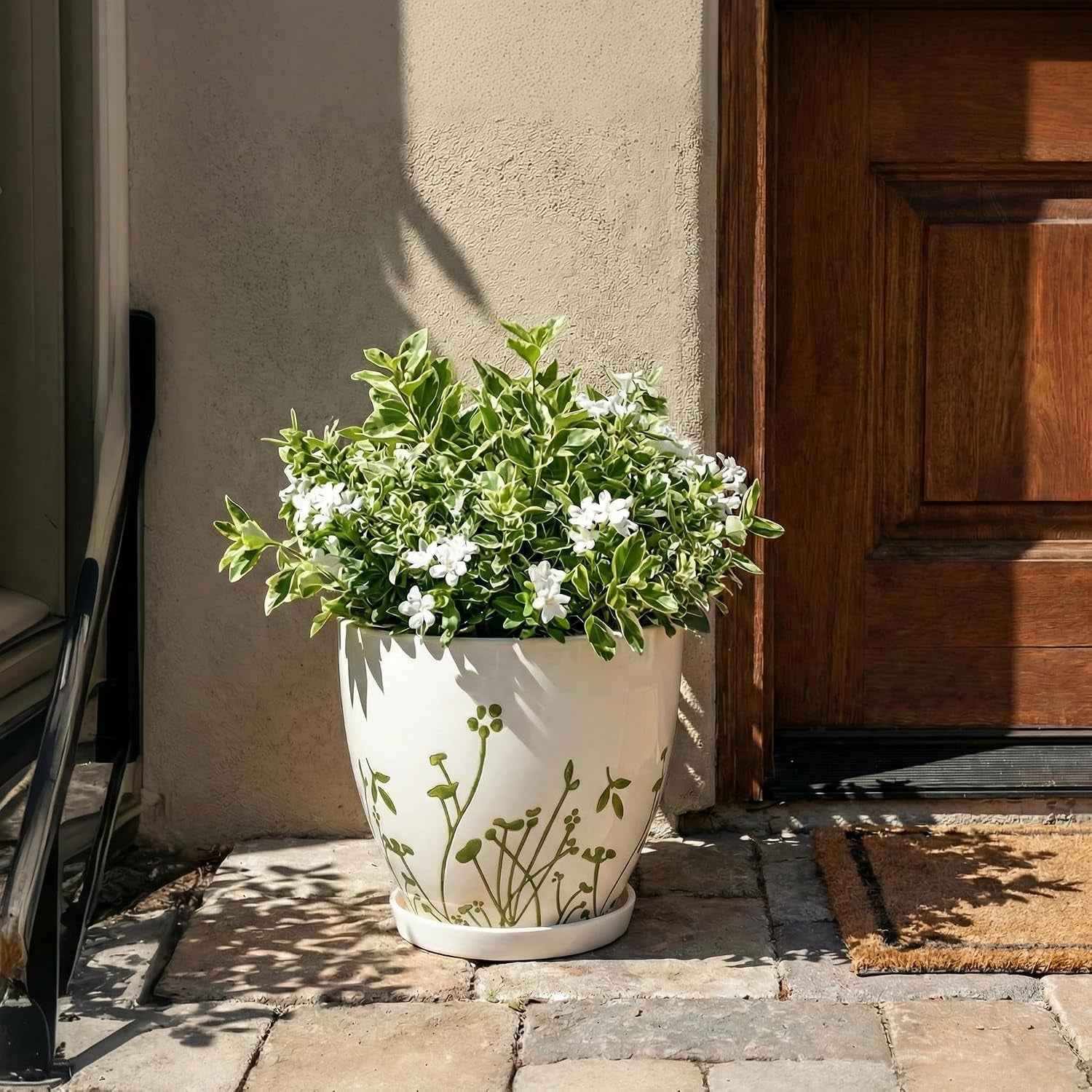 Ceramic Pot for Plants 10 Inch - Indoor Planter for Plants with Drainage Hole and Saucer, Decorative Boho round Planter, Gardening Gifts for Women Men, Office Home Garden Decor, White