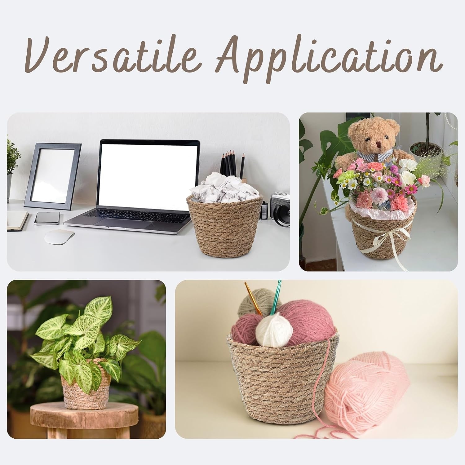 Small Basket Planter 7.1" X 5.9" Seagrass Containers, Hand Woven Wicker Cover Storage, Stylish Plastic Liners Straw Flower Jute Pots for Outdoor Indoor Use Mums Front Porch Room Decoration
