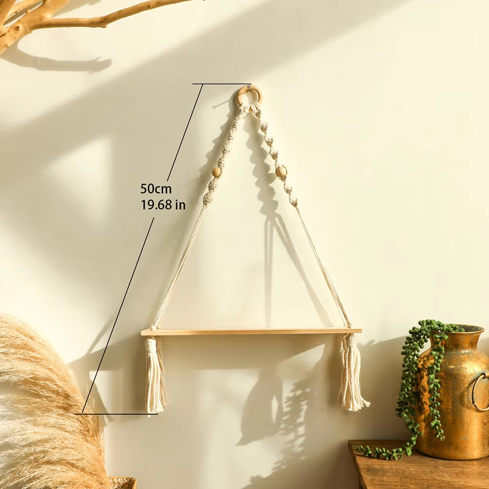 Wood Wall Shelf Macrame Floating Wall Shelf Hanging Shelves Plant Corner Holder Display Stand Room Decor Boho Home Decoration