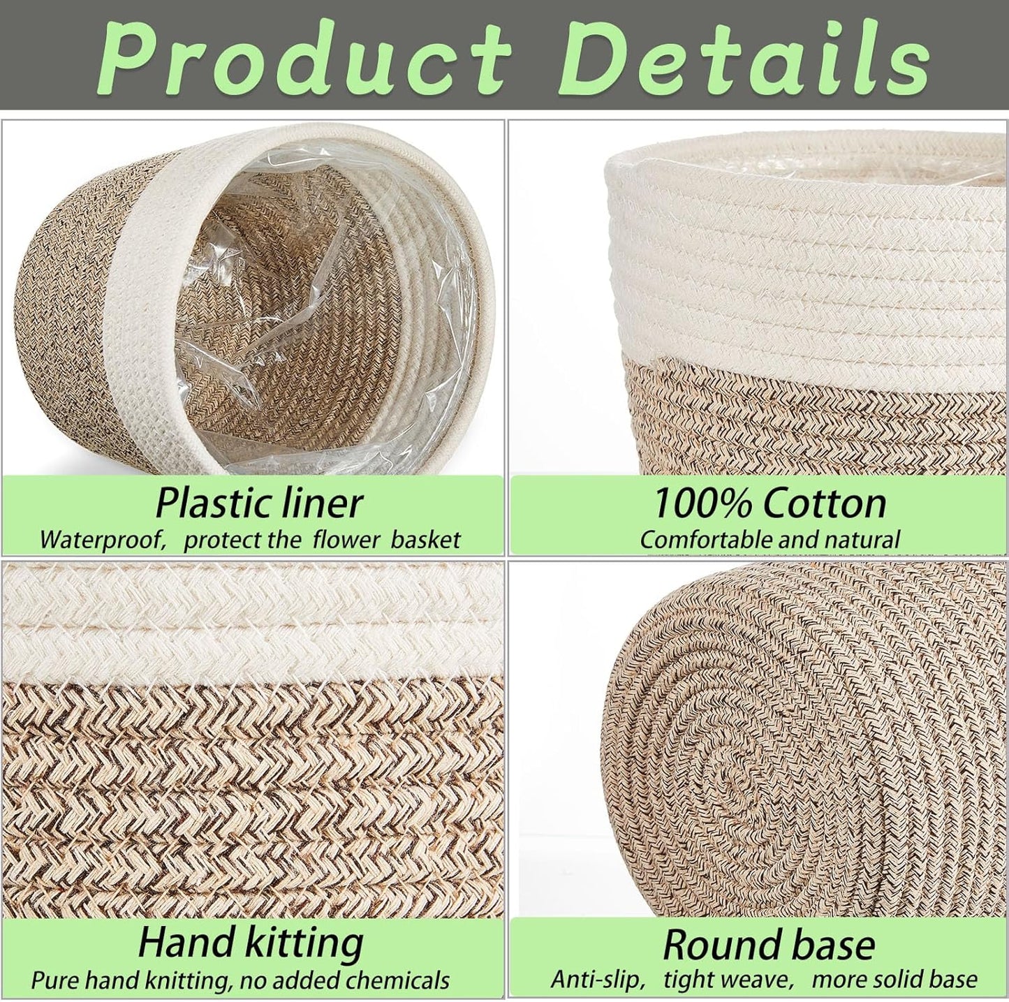 3 Pack Cotton Rope Plant Baskets with Plastic Liner, 7.5 X 6.5 Inch Woven Indoor Planter Basket for 6 Inch Pots, Rustic Boho Plant Pot Covers for Home Shelf Table Decor(White, Beige)