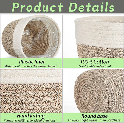 3 Pack Cotton Rope Plant Baskets with Plastic Liner, 7.5 X 6.5 Inch Woven Indoor Planter Basket for 6 Inch Pots, Rustic Boho Plant Pot Covers for Home Shelf Table Decor(White, Beige)