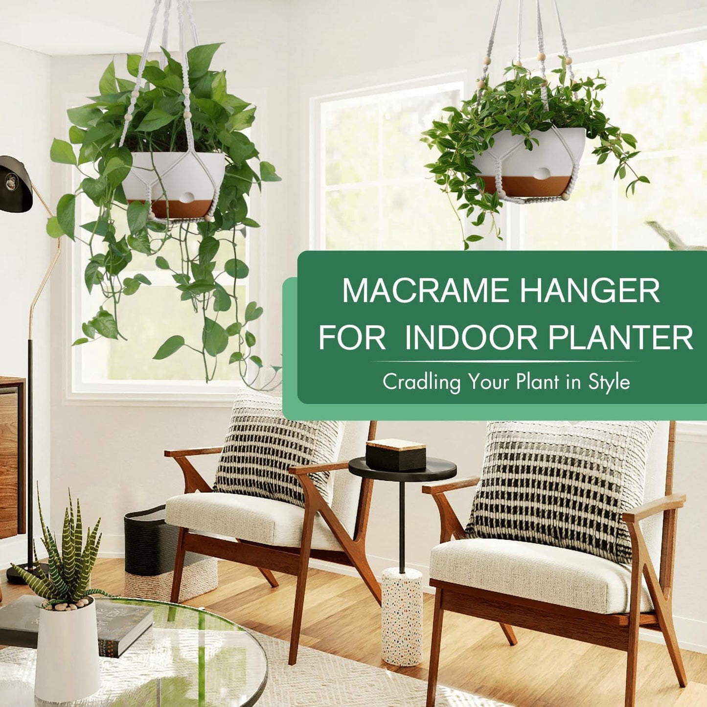 3-Pack 8-Inch Self-Watering Hanging Planters with Macrame Hanger Indoor Plastic Plant Pots with Drainage Hole&Saucers Flower Baskets for Outdoor Garden Home Ceiling Decor(White)