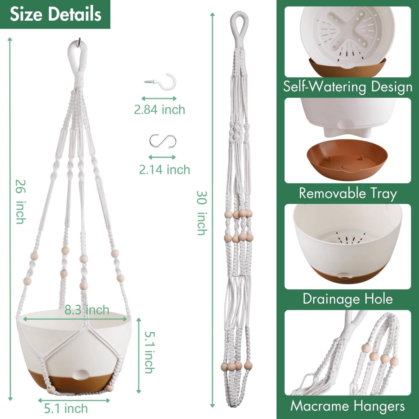 3-Pack 8-Inch Self-Watering Hanging Planters with Macrame Hanger Indoor Plastic Plant Pots with Drainage Hole&Saucers Flower Baskets for Outdoor Garden Home Ceiling Decor(White)