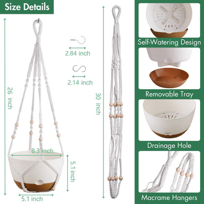 3-Pack 8-Inch Self-Watering Hanging Planters with Macrame Hanger Indoor Plastic Plant Pots with Drainage Hole&Saucers Flower Baskets for Outdoor Garden Home Ceiling Decor(White)