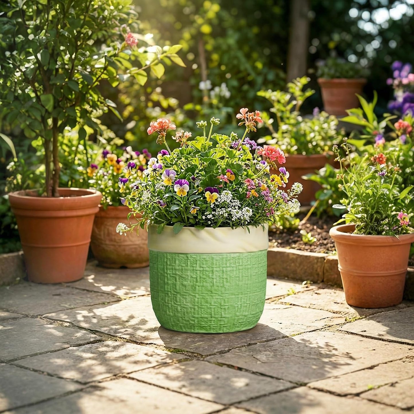 Ceramic Pots for Plants - 9.8 Inch Planter for Indoor Outdoor Plants, Ceramic Planter with Drainage Hole and Plug, Boho Decorative Flower Pot, Home Patio Decor, Plant Lover Gifts, Green