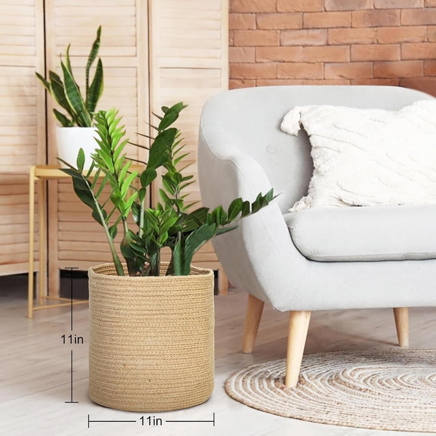 Woven Jute Plant Basket, Wicker Basket Planter for 10 Inch Pot, round Indoor Tree Pot Cover, Small Boho Storage Bin Organizer, Rustic Baskets for Plants and Home Decor, 11”X11”