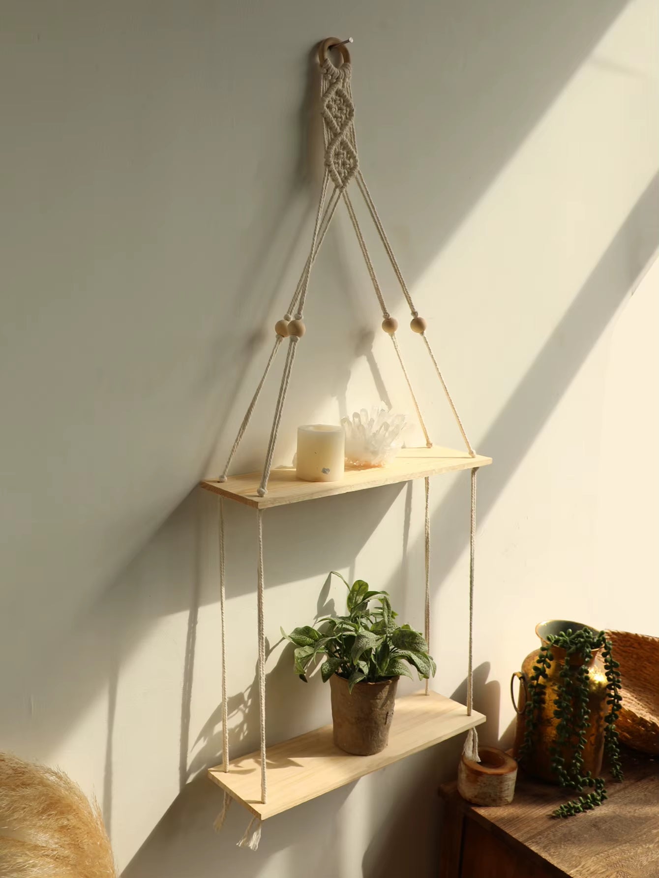 Wood Wall Shelf Macrame Floating Wall Shelf Hanging Shelves Plant Corner Holder Display Stand Room Decor Boho Home Decoration