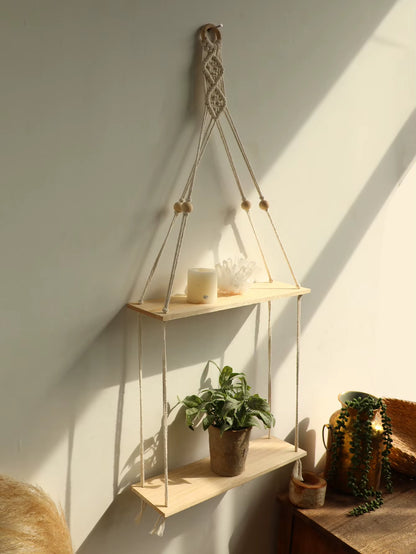 Wood Wall Shelf Macrame Floating Wall Shelf Hanging Shelves Plant Corner Holder Display Stand Room Decor Boho Home Decoration
